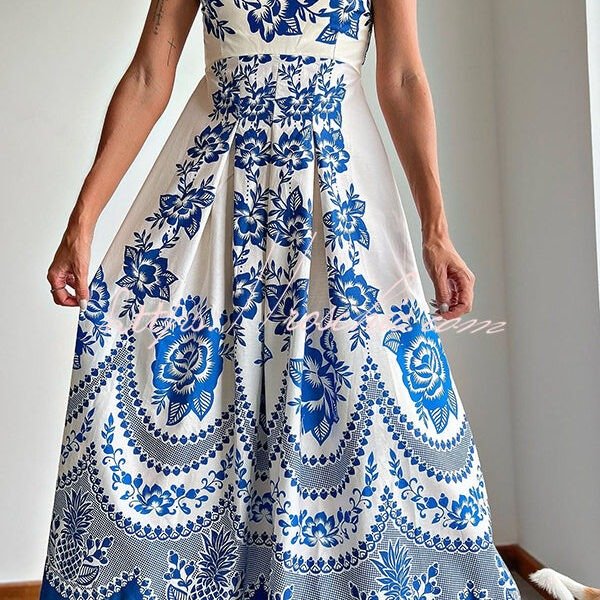 Villa Vacation Floral Ethnic Print Back Smocked Loose Midi Dress