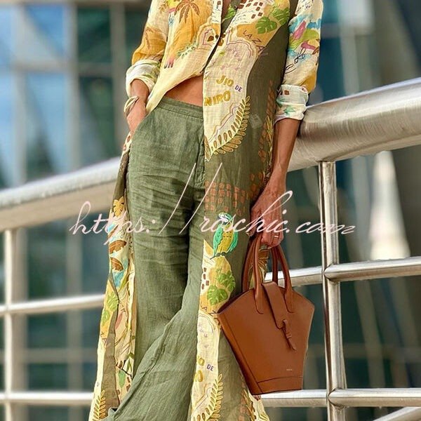 Cayla Linen Blend Unique Print Button Long Sleeve Shirt Midi Dress