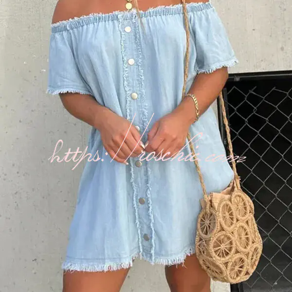 Fashionable Off Shoulder Short-sleeved Loose Denim Mini Dress
