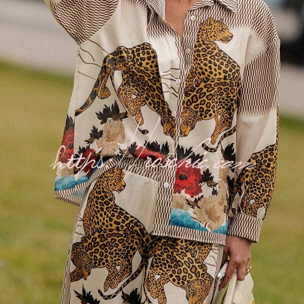 Exotic Leopard Flower Patchwork Print Button Down Oversized Blouse