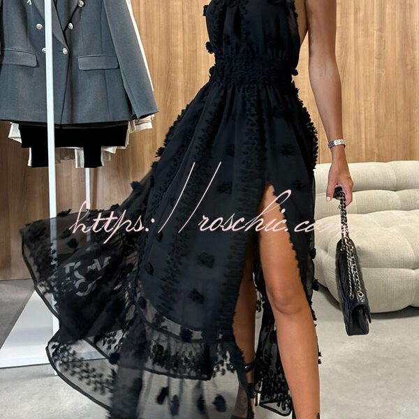 Gloria Embroidery Flowers Elastic Waist Halter Backless Slit Maxi Dress