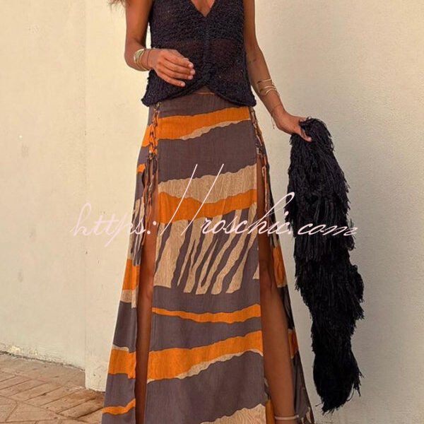 Bendita Colorblock Print Elastic Waist Side Lace-up Slit Maxi Skirt