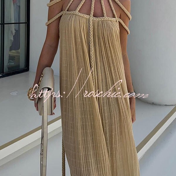 Modern and Sophisticated Linen Blend Draped Braids Cover Up Maxi Dress