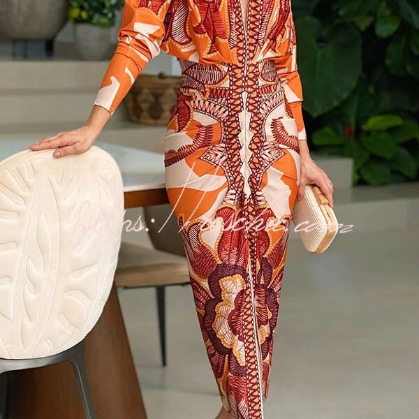 Brazilian Style Unique Print Dolman Long Sleeve Ruched Slit Midi Dress