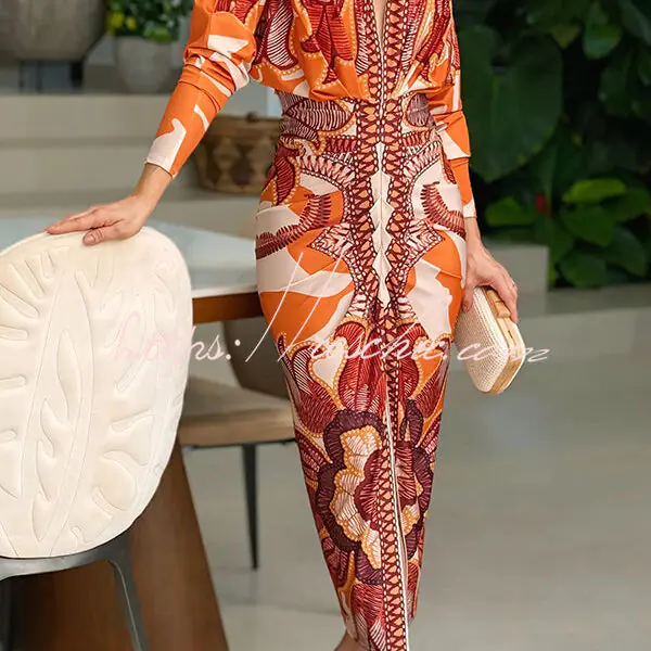 Brazilian Style Unique Print Dolman Long Sleeve Ruched Slit Midi Dress