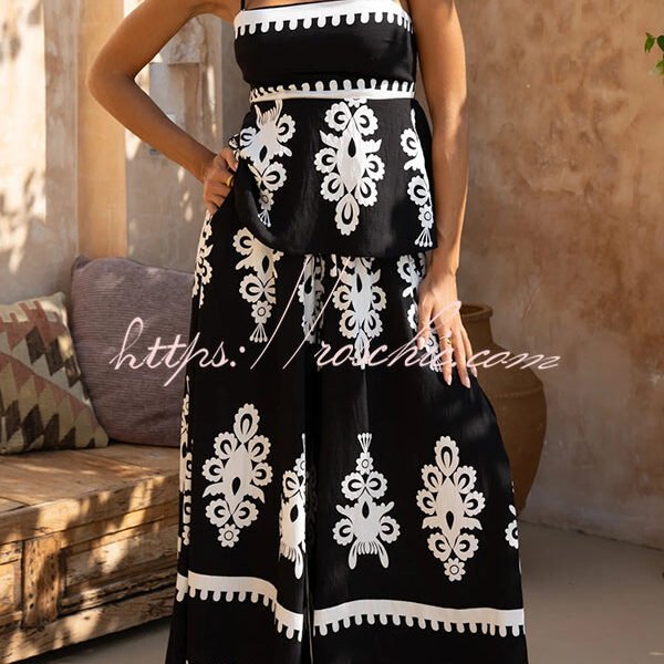 Unique Ethnic Print Suspender Pleated Top and Elastic Waist Loose Wide-leg Pants Set