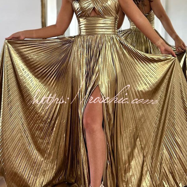 Queen Style Metallic Fabric Cross Neck Cutout Slit Pleated Maxi Dress