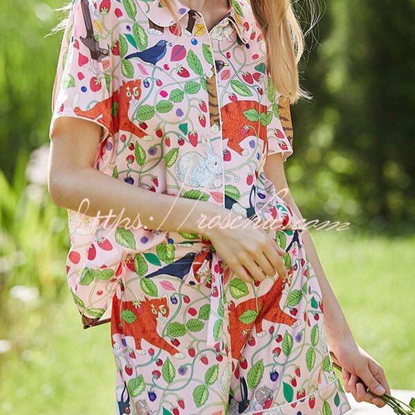 Strawberry Cat Print Home Shorts Two-piece Set