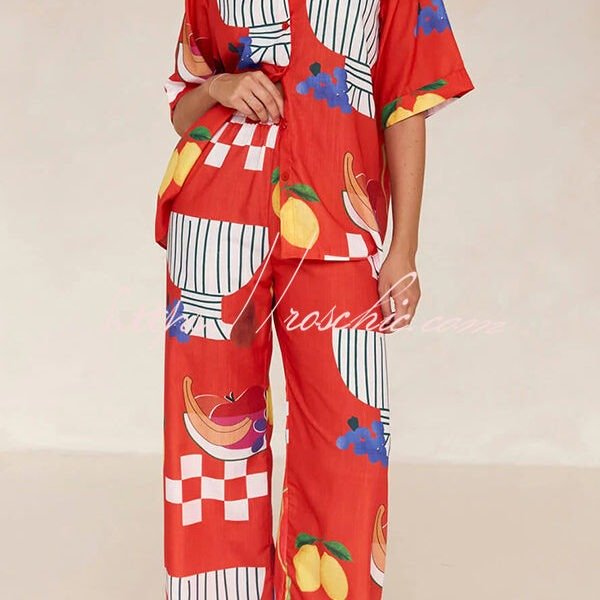 Unique Printed Casual Shirt and Elastic Waist Pants Set