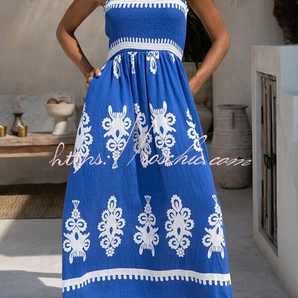 National Boho Style Unique Print Smocked Bust Wide Strap Pocket Maxi Dress