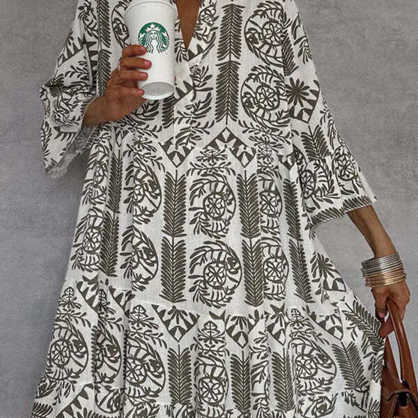 Unique Printed V-neck Bell Sleeve Mini Dress