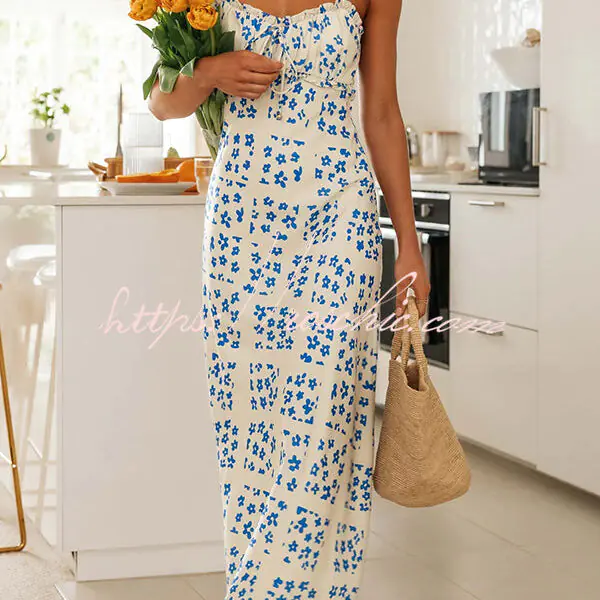 Starry Floral Print Lace Up Pleated Patchwork Zip Back Maxi Dress