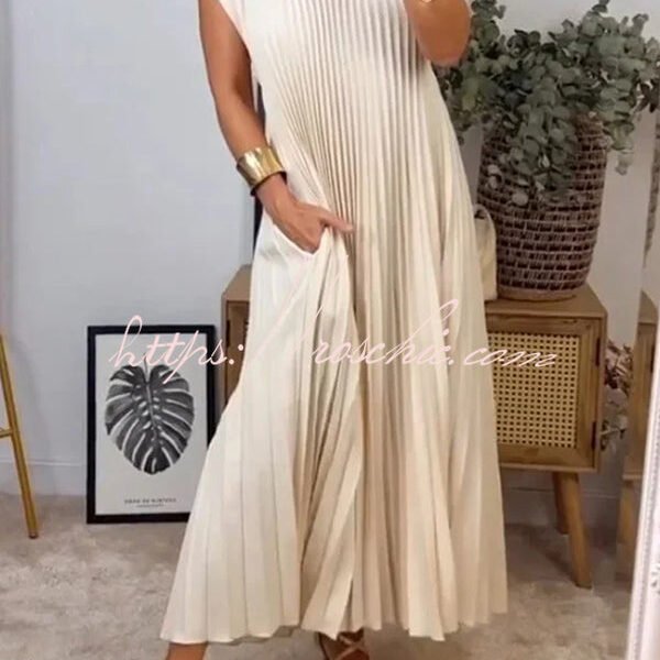 Solid Color Round Neck Sleeveless Pleated Large Hem Maxi Dress