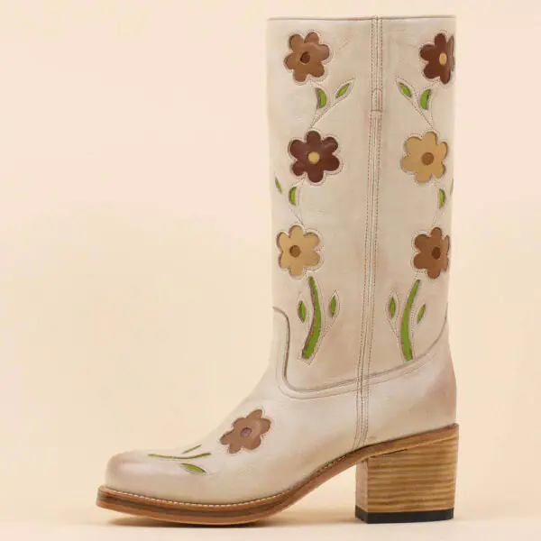 Beige Square Toe Heeled Floral Mid Calf Cowboy Boots for Women