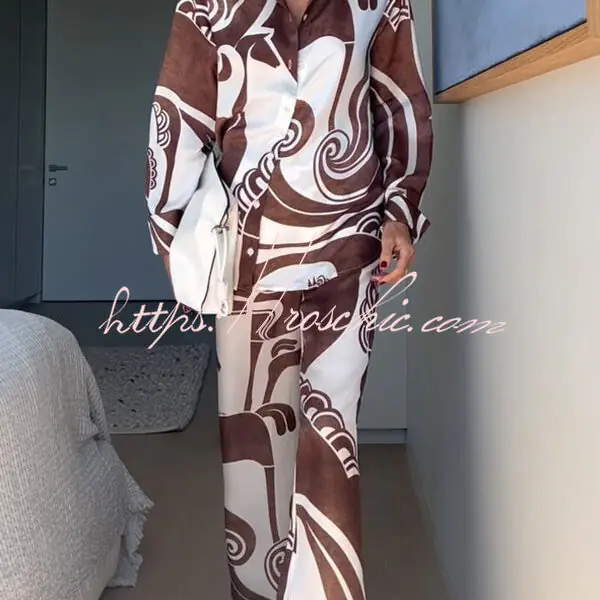 Oceanfront Views Unique Print Long Sleeve Loose Shirt and Elastic Waist Pocketed Pants Set