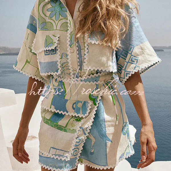 Pierre Linen Blend Ric Rac Trims Unique Print Short Sleeve Shirt and Wrap Tie-up Mini Skirt Set