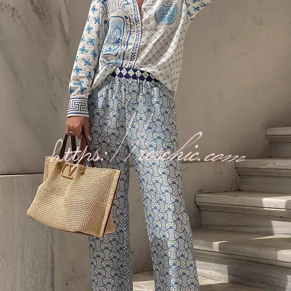Stylized Dragon Satin Unique Print Long Sleeve Loose Shirt and Elastic Waist Pants Set