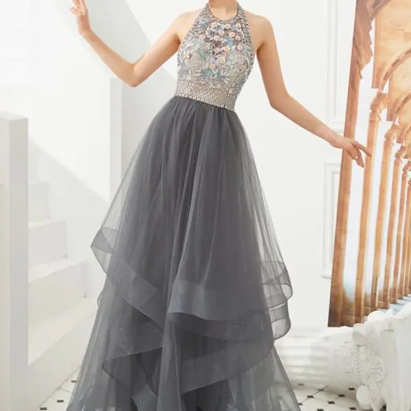 Floral Halter Evening Dress with Sparkle Beads Trendy Gray Mother of the bride Dress with watermelon and blue decorations