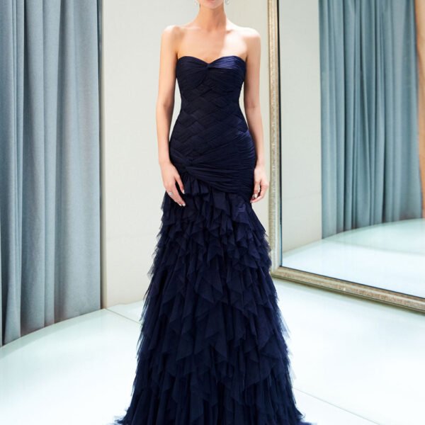Glamorous Evening Dresses Luxury Dark Navy Strapless Sweetheart Tiered Maxi Mermaid evening dress