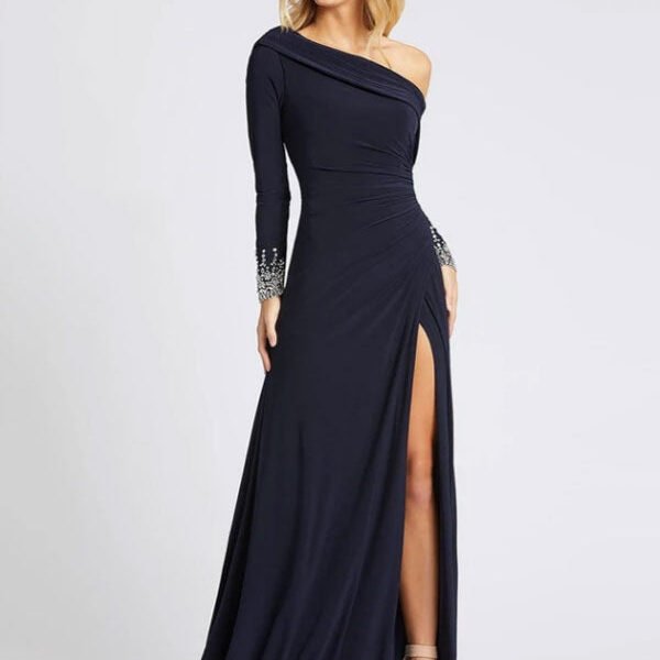Gorgeous Deep Navy Evening Dress One-Shoulder With Train Long Sleeves Criss-Cross Lycra Spandex Sheath Social Party Dresses