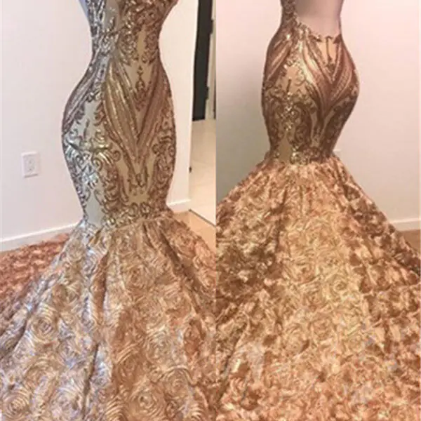 Gorgeous Gold Sequins Sleeveless Prom Party Gowns| Shiny Mermaid Evening Gowns With Flowers Bottom