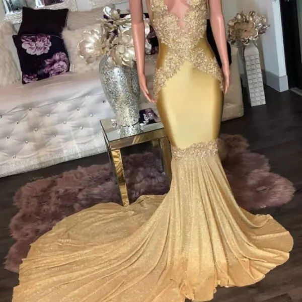 Gorgeous Golden Appliques Spaghetti Long Mermaid Evening Dresses
