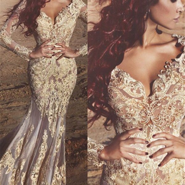 Gorgeous Long Sleeves Lace Appliques Prom Dresses Fit and Flare Beads Sheer Tulle Wholesale Evening Gowns
