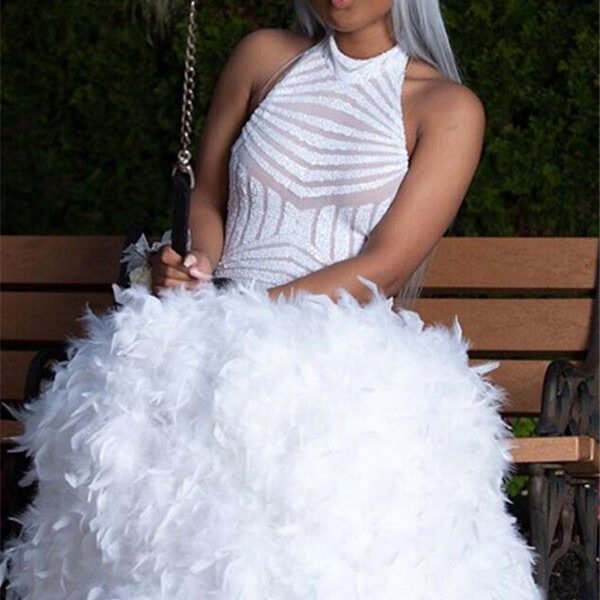 Halter Feather Fit and Flare Prom Dresses Alluring Open Back Sleeveless Evening Gowns