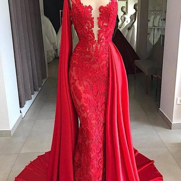 Lace Long Evening Dresses Sleeveless Red Prom Dresses with Cape