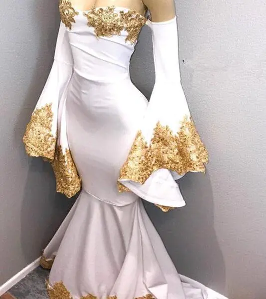 Long Sleeves Prom Party Gowns with gold appliques. mermaid evening dress