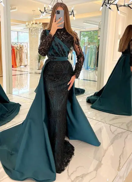 Moden Black Long Sleeves Evening Dress Lace High-Neck