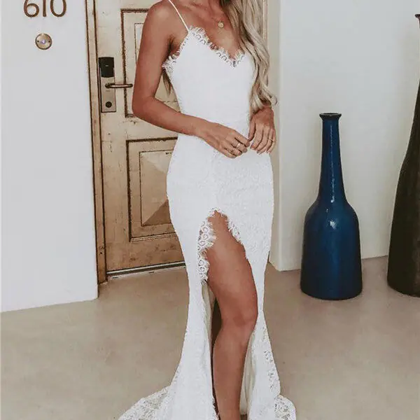 Modern Spaghetti Straps Wholesale Slit Lace Evening Dress Sleeveless Formal Dresses