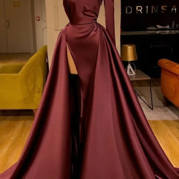 One Shoulder Satin Evening Party Gowns Detachable Train