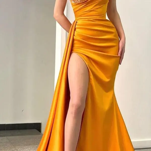 Orange Sweetheart Mermaid Evening Dress Pleated Long Split With Beads