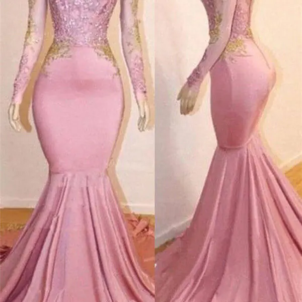 Pink Appliques Long Sleevess Prom Dresses New Arrival Gorgeous Mermaid Evening Gowns