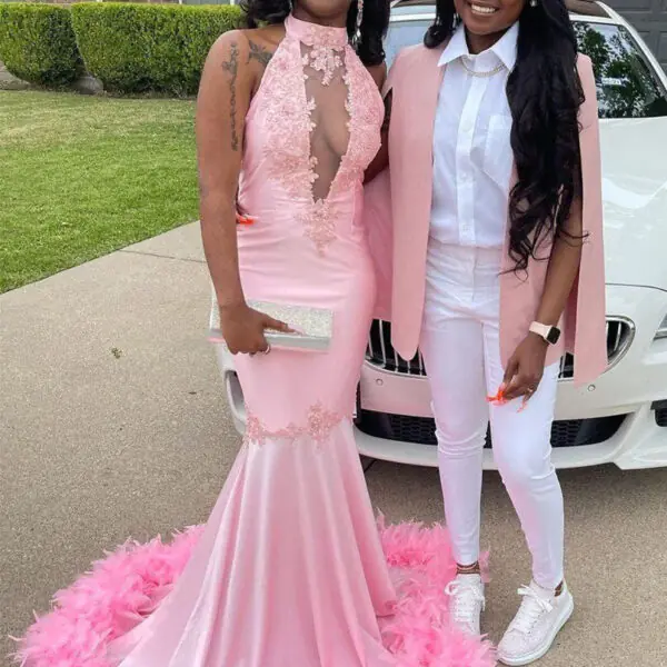 Pink Halter Gold Sequins Prom Dresses Mermaid Feather Evening Dress