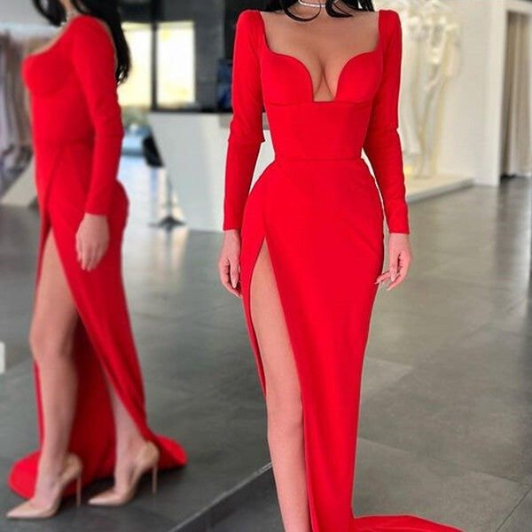Red Long Sleeves V-Neck Evening Dress Mermaid With Slit On Sale