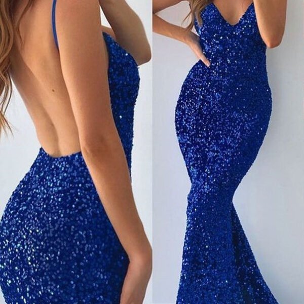 Royal Blue Sequins Mermaid Evening Dress V-Neck Sleeveless With Slit