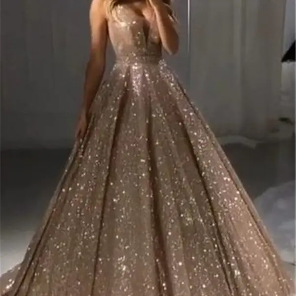 Shiny Gold Ball Gown Evening Dresses Chic V-Neck Sequin Prom Dresses