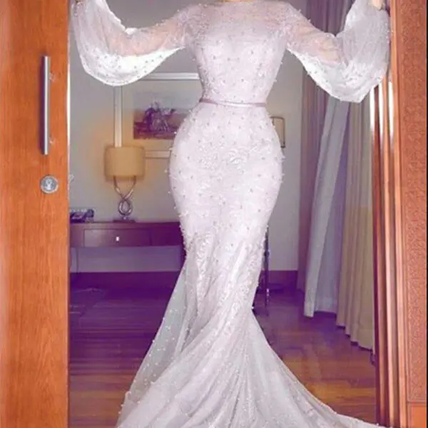 Simple Lavender Bubble Sleeves Full Beads Evening Dresses Lace Fit and Flare Wholesale Prom Dresses