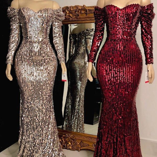 Strapless Sweetheart Sequins Floor Length Mermaid Evening Dresses with Sleeves