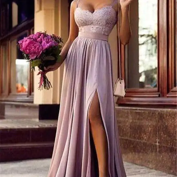 Straps Lace Slit Prom Party Gowns| Sleeveless Lavender Long Formal Chic Evening Gown