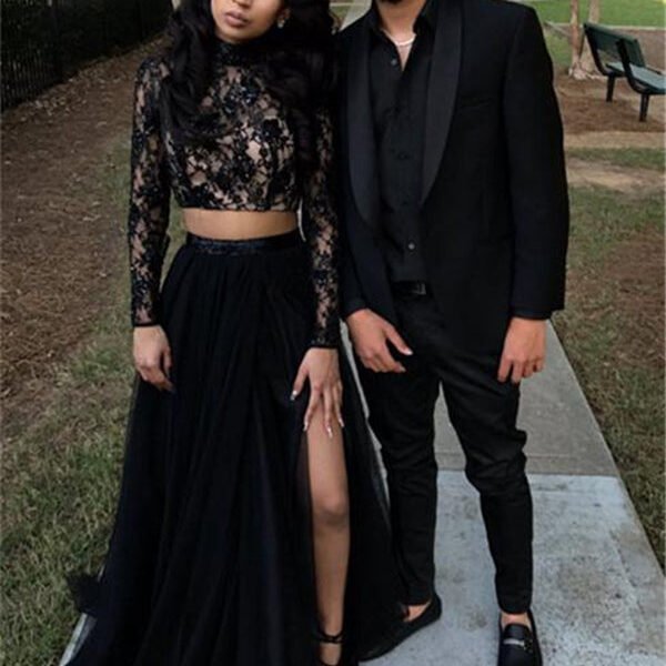 Two Piece Long Sleeves Evening Gown Black Chic Slit Lace Prom Party Gowns