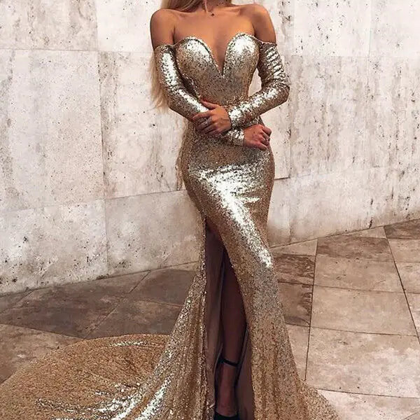 Wholesale Off-the-Shoulder Champagne Sequins Prom Dresses Elegant Long Sleeves Side Slit Evening Gowns