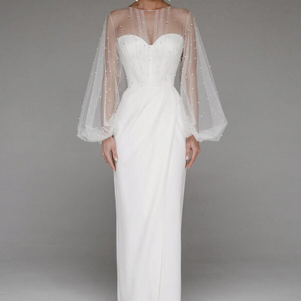 Faux Pearl Lantern Sleeve Midi Dress