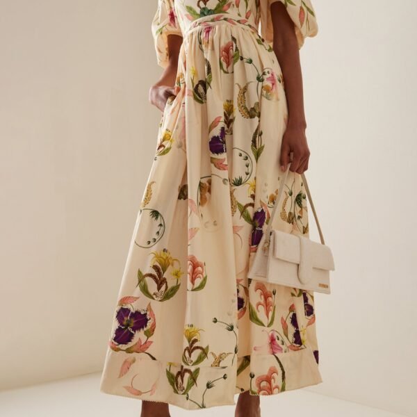 Floral Embroidery Puff Sleeve Square Collar Midi Dress