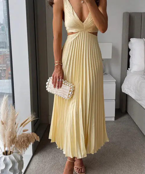 V Neck Cut Out Waist Sleeveless Pleated Maxi Dress