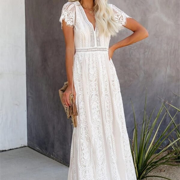 Lace Flutter Sleeve V-Neck Maxi Dress