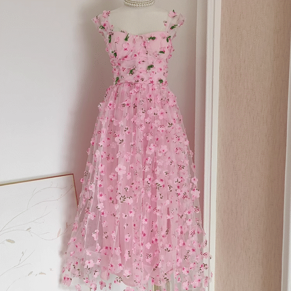 Chic A Line Straps Pink Floral Tulle Lace Prom Dresses Birthday Outfits SD377