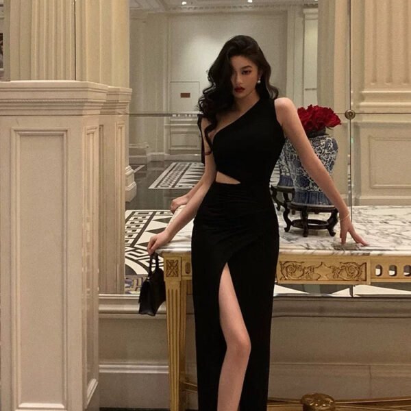 Sexy Sheath One Shoulder Black Slit Long Prom Dresses Evening Dress SD410